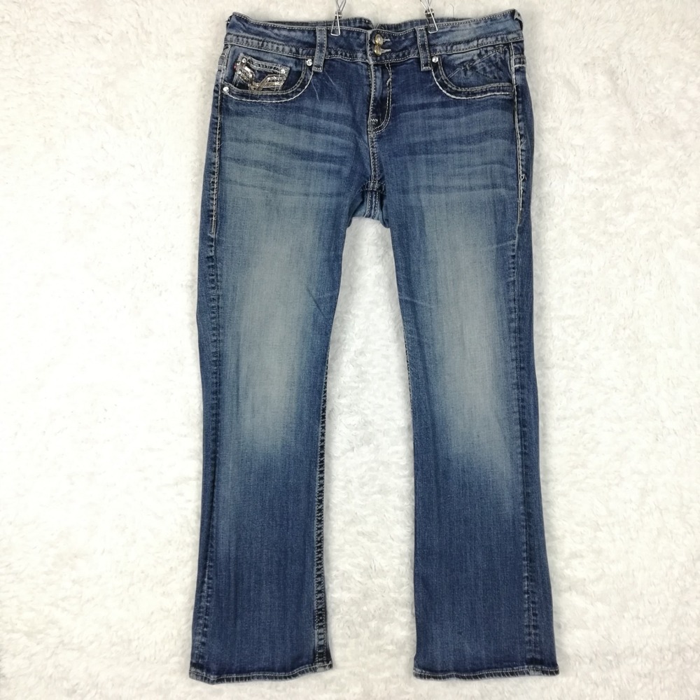 Vigoss Womens Jeans New York Boot Cut Blue Denim Flap Pocket Sequins Long 16